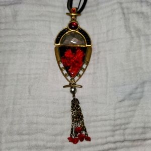 Chicos Long Necklace, Leather and chain, red gemstone and gold metals